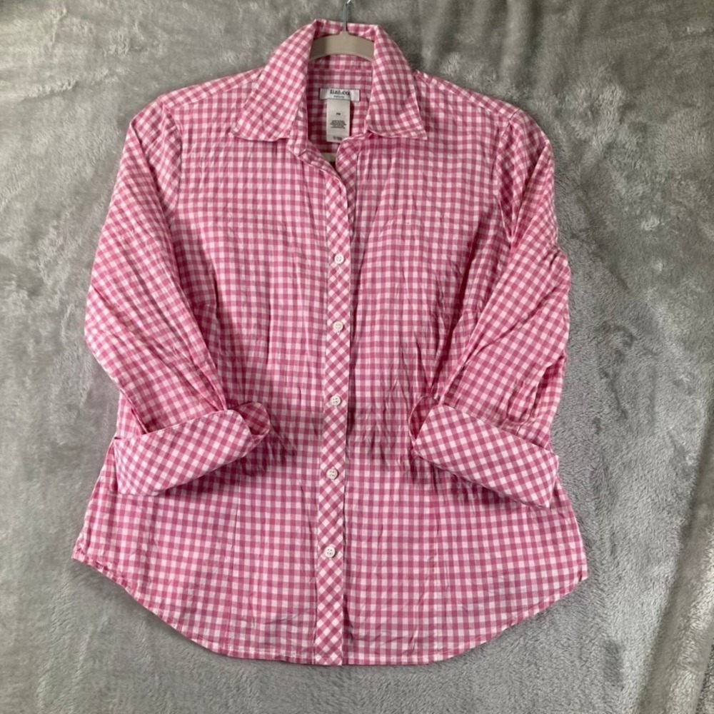 Liz & Co Womens Petite Medium Pink Gingham Button Down Shirt Cotton Plaid